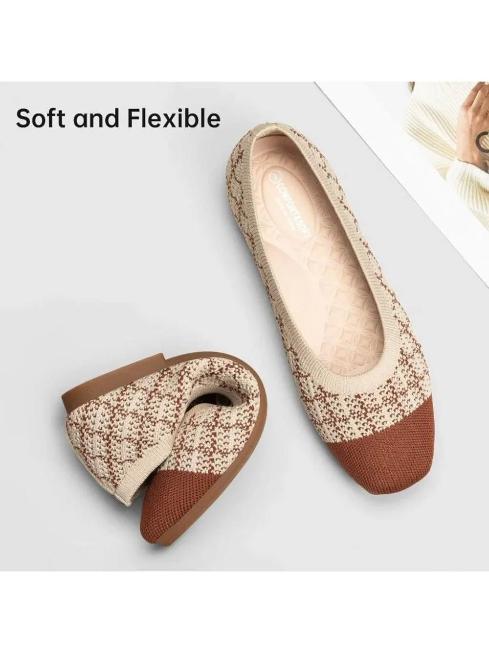 Women's Camel Comfortable Slip on Washable Square Toe Ballet FlatsShoes for Work